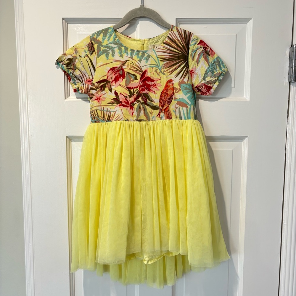 Kids Tropical Print Dress with Yellow Tulle Skirt